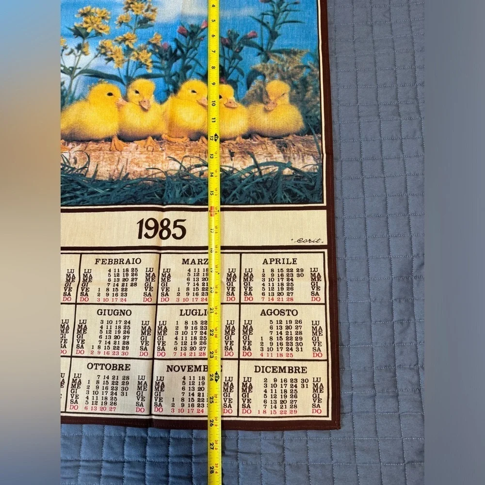 Vintage 1980 Calendar  Folk Art Cloth Wall Calendar Beige Baby Ducklings